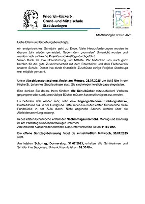 Abschlussmitteilung zum Schuljahresende Seite 1