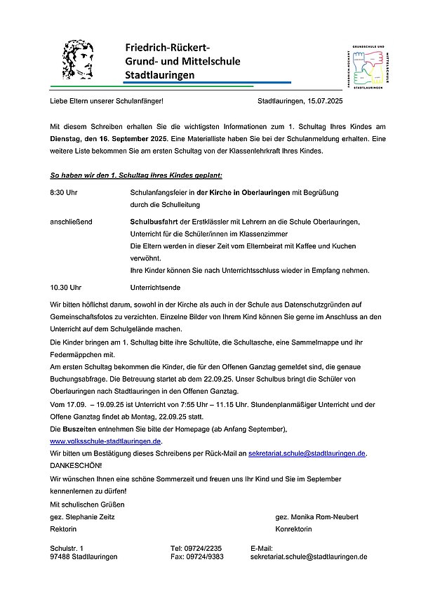 Informationsblatt für die kommenden Erstklässler